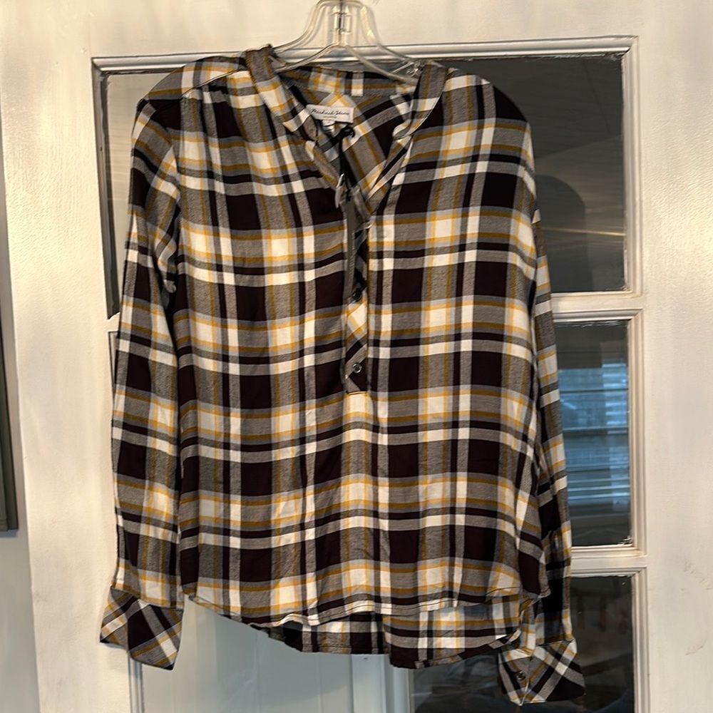 NWT Michael Stars Woven Plaid Popover Shirt SZ S Collarless Black/White/Yellow